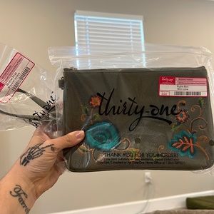 Thirty-One Olive Embroidered Rubie Mini Wristlet